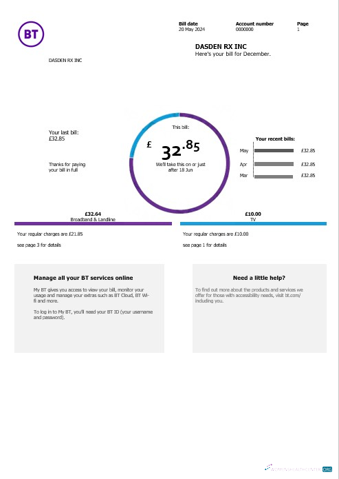 United Kingdom BT telecommunications business utility bill template in Word and PDF formats, version 2